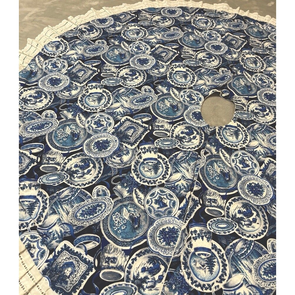 Victorian Christmas Plates Cotton 43 In Christmas Tree Skirt Vtg Blue Ruffles